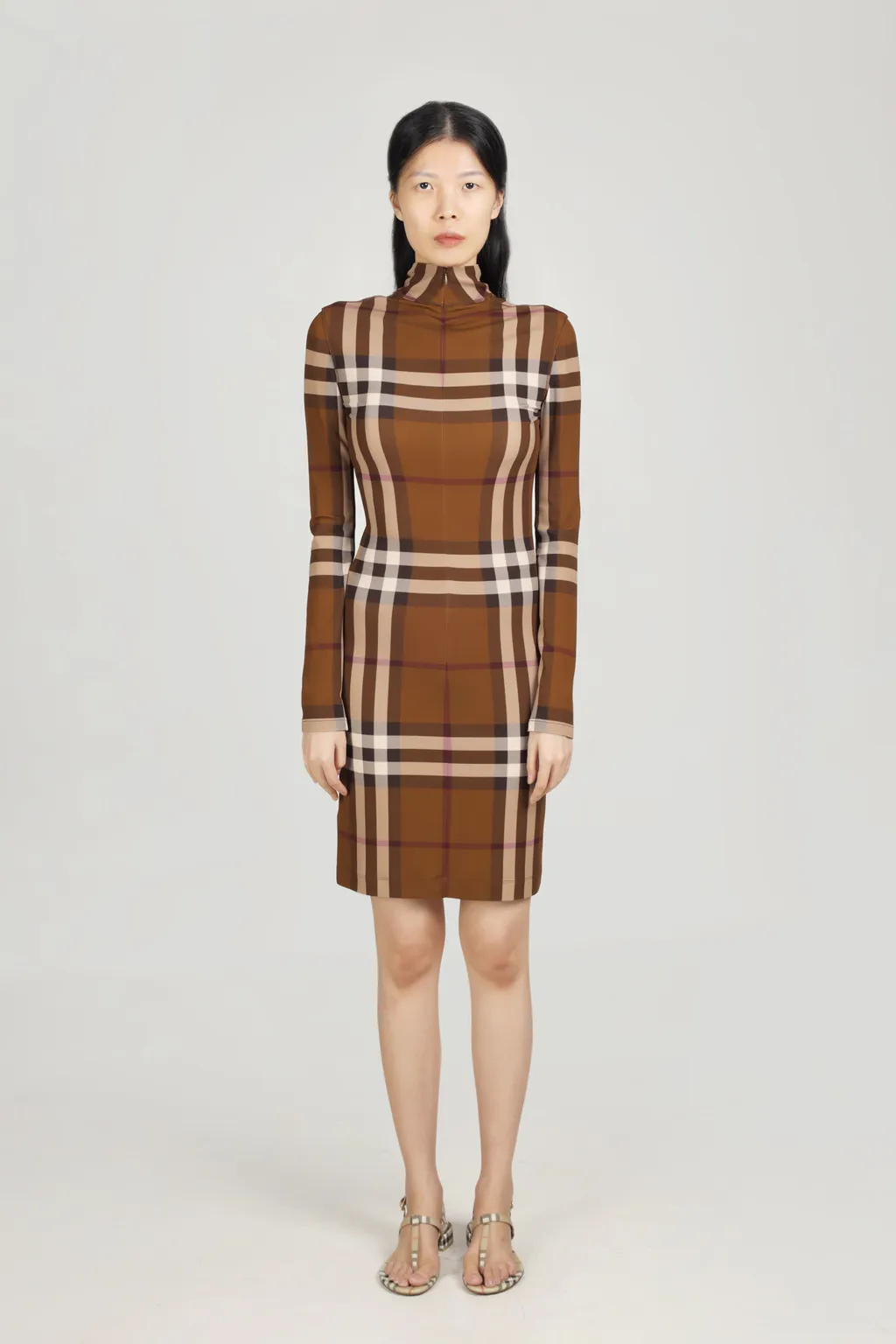 BURBERRY Women Check Stretch Jersey Funnel Neck Dress in Dark Birch Brown 1