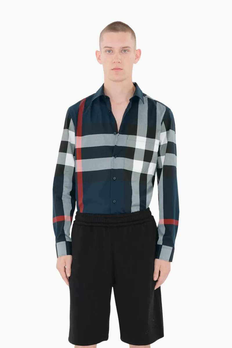 BURBERRY Men Check Slim Fit Long-Sleeved Shirt in Navy Cotton 1