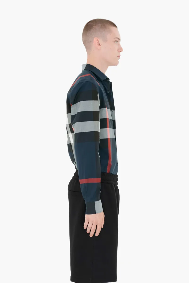 BURBERRY Men Check Slim Fit Long-Sleeved Shirt in Navy Cotton 2