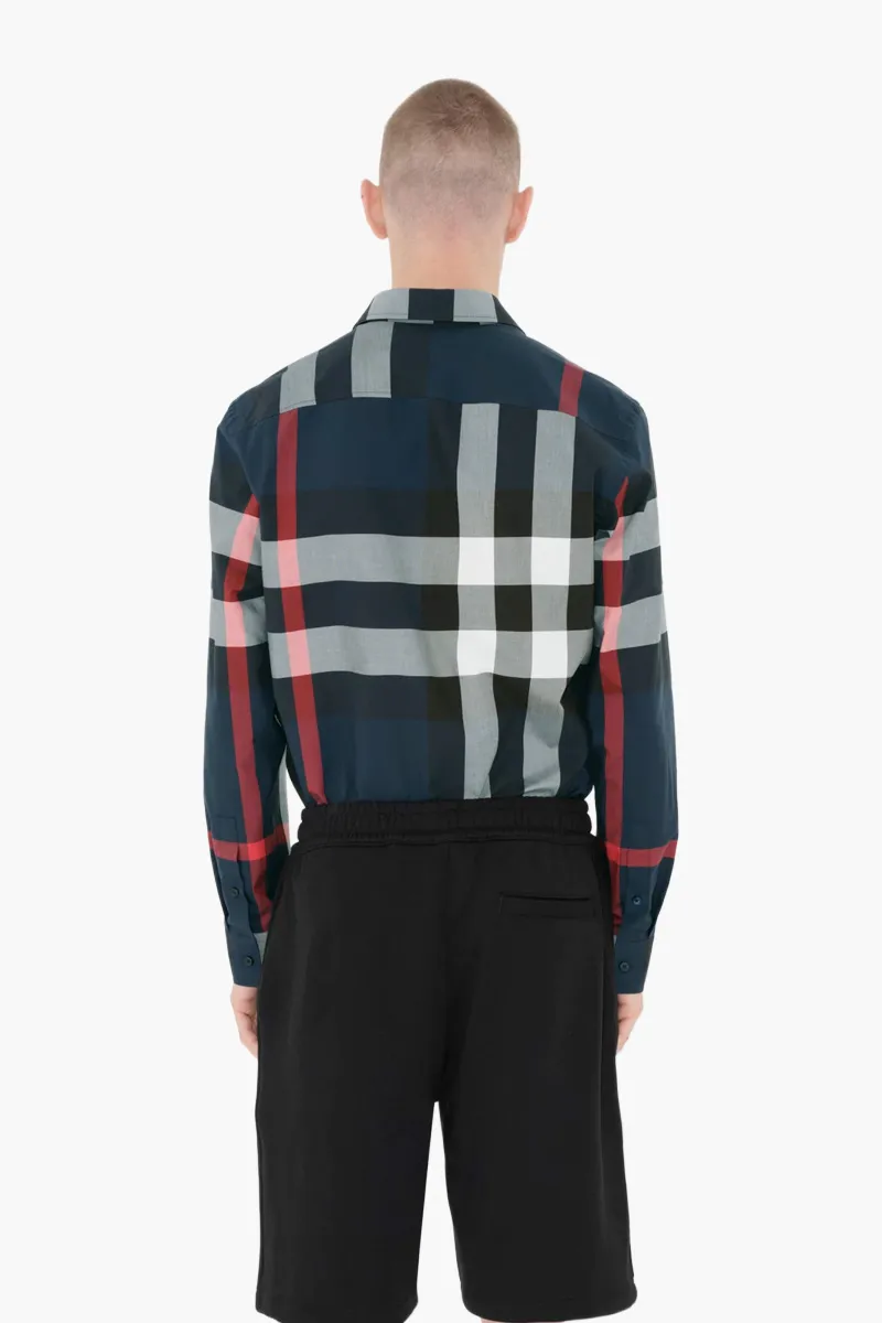 BURBERRY Men Check Slim Fit Long-Sleeved Shirt in Navy Cotton 3