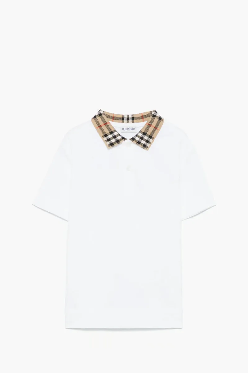 BURBERRY Kids Check Collar Polo Shirt in White Cotton Pique 0