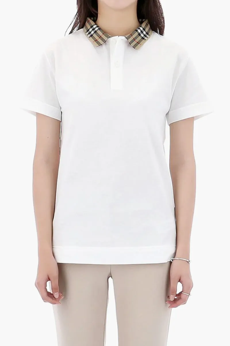 BURBERRY Kids Check Collar Polo Shirt in White Cotton Pique 1