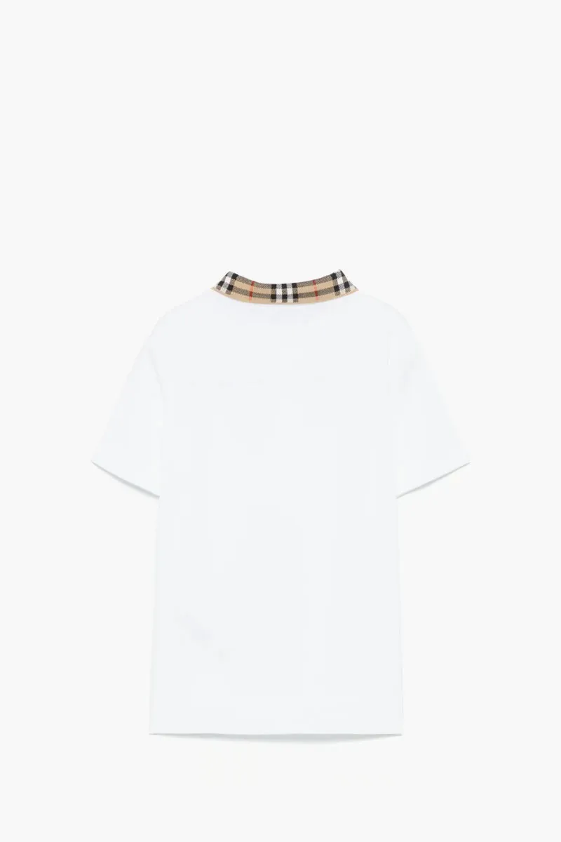 BURBERRY Kids Check Collar Polo Shirt in White Cotton Pique 2