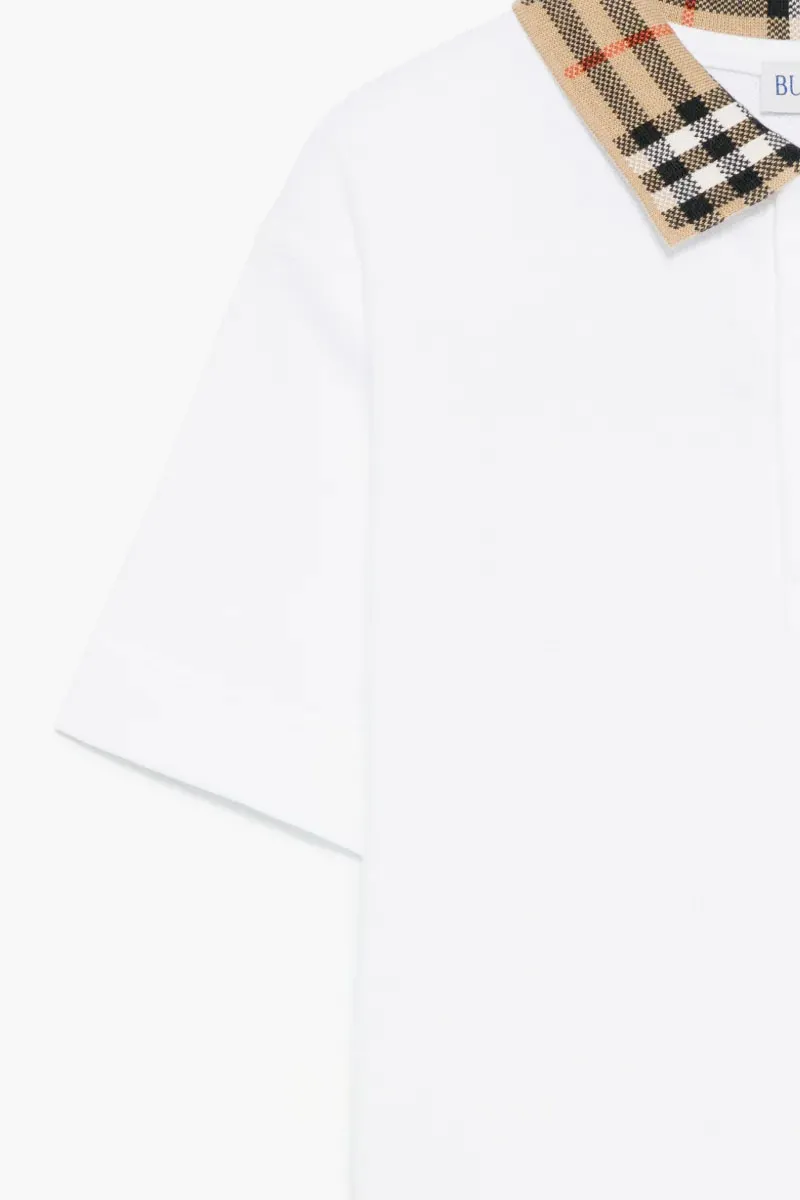 BURBERRY Kids Check Collar Polo Shirt in White Cotton Pique 3