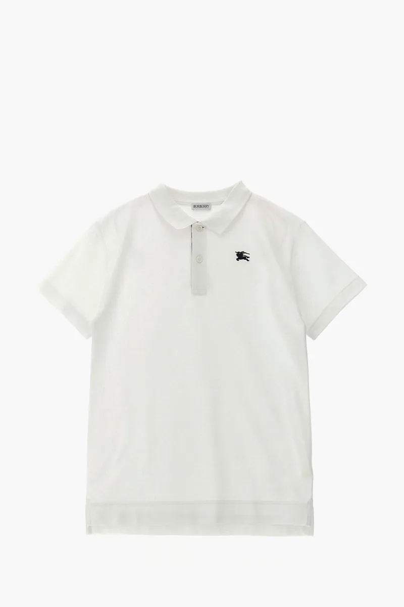 BURBERRY Embroidered EKD Planked Check Polo Shirt in White Cotton Pique 0