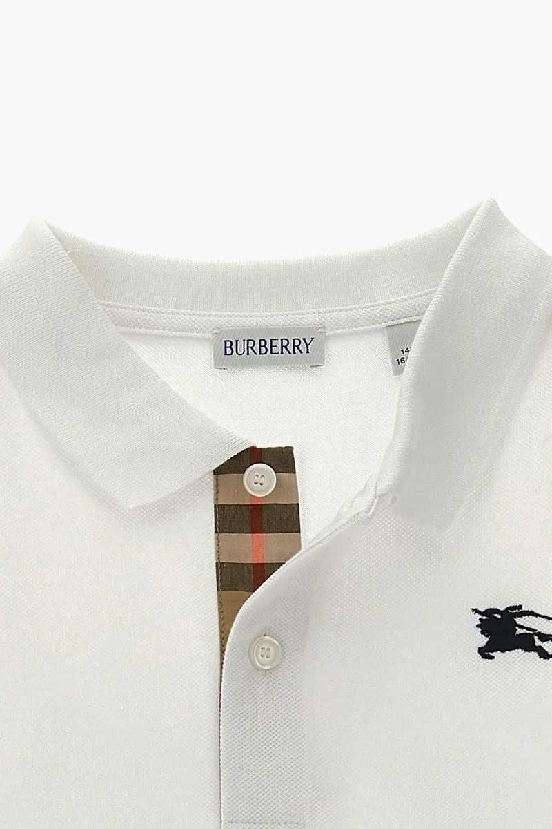 BURBERRY Embroidered EKD Planked Check Polo Shirt in White Cotton Pique 2