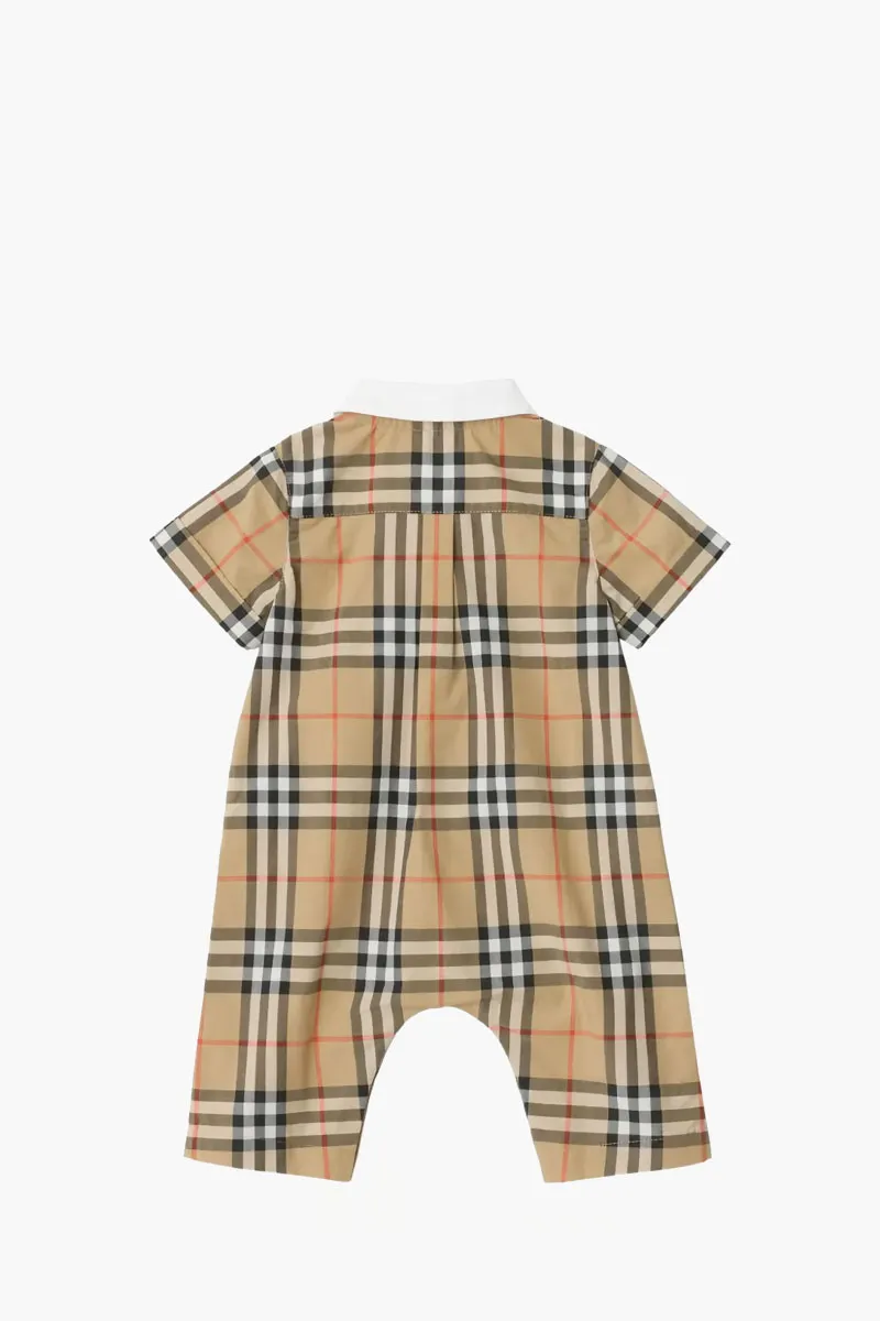 BURBERRY Kids Woven Check Playsuit in Sand Beige Cotton 1