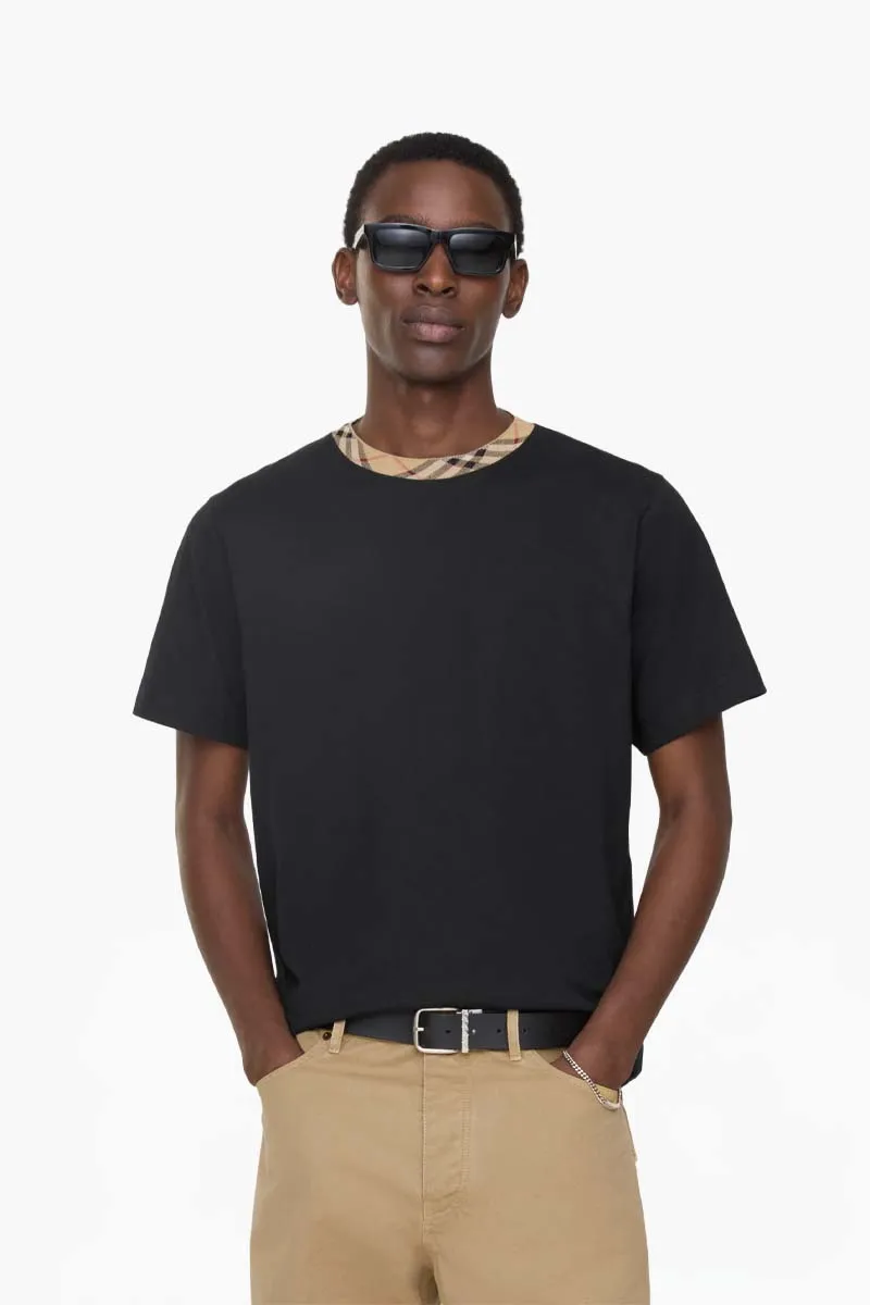 BURBERRY Men Check Trim T-Shirt in Black Cotton 1