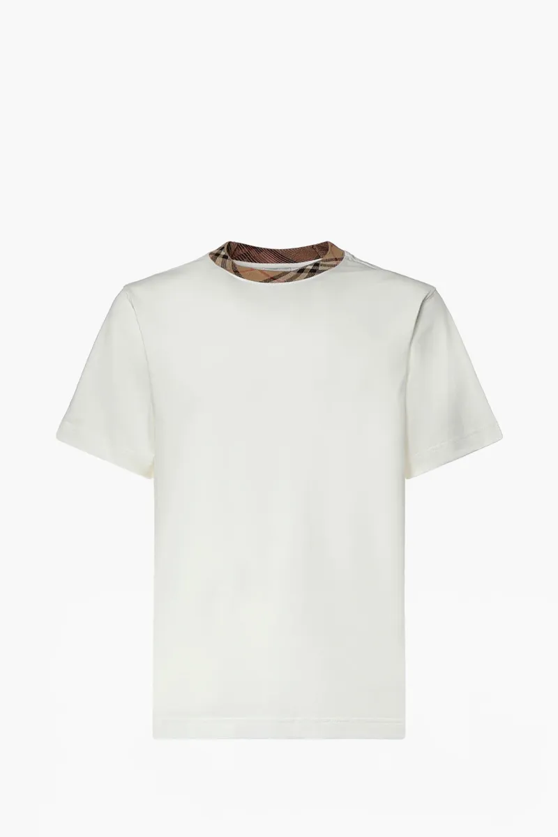 BURBERRY Men Check Trim T-Shirt in Chalk White Cotton 0