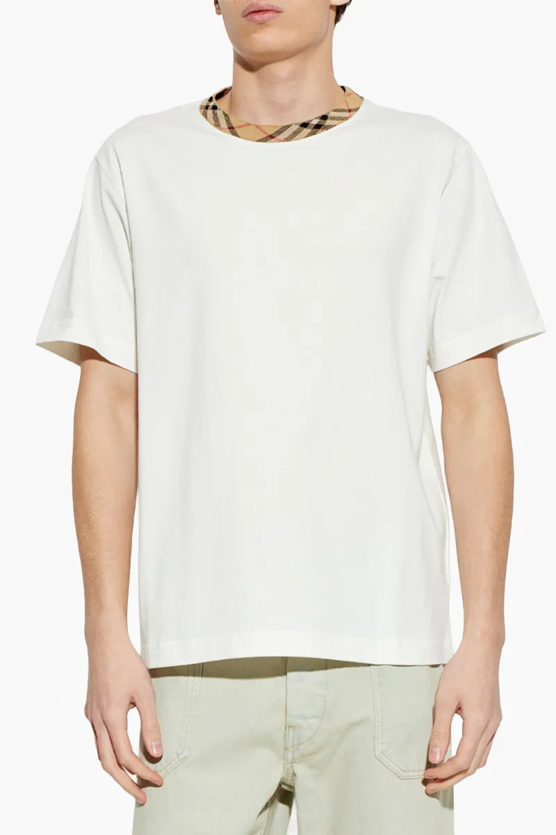 BURBERRY Men Check Trim T-Shirt in Chalk White Cotton 1