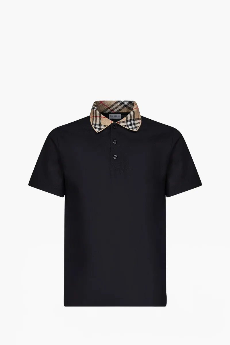 BURBERRY Men Check Collar Polo Shirt in Black Cotton 0