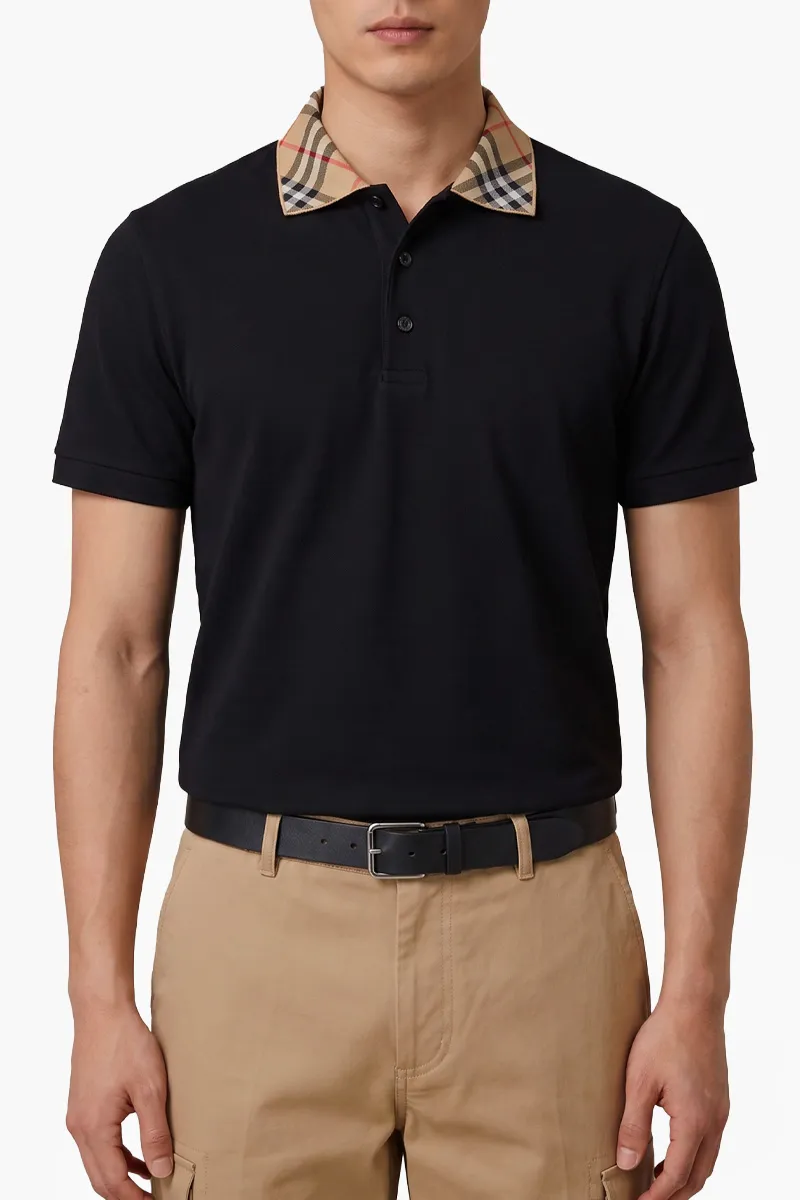 BURBERRY Men Check Collar Polo Shirt in Black Cotton 2