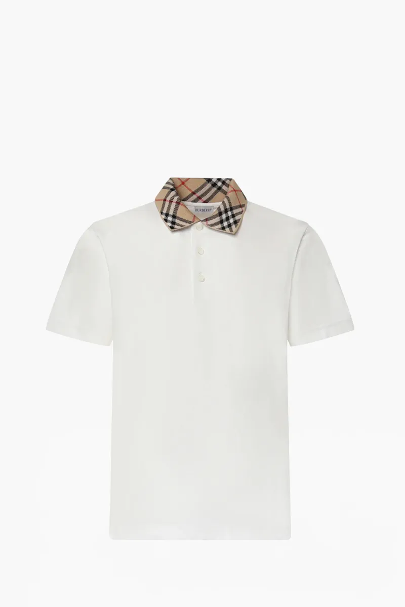 BURBERRY Men Check Collar Polo Shirt in Chalk White Cotton 0