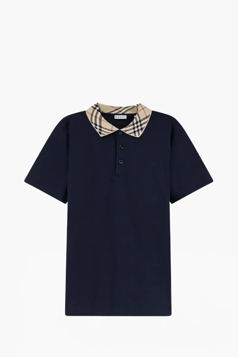 BURBERRY Men Check Collar Polo Shirt in Navy Cotton 0