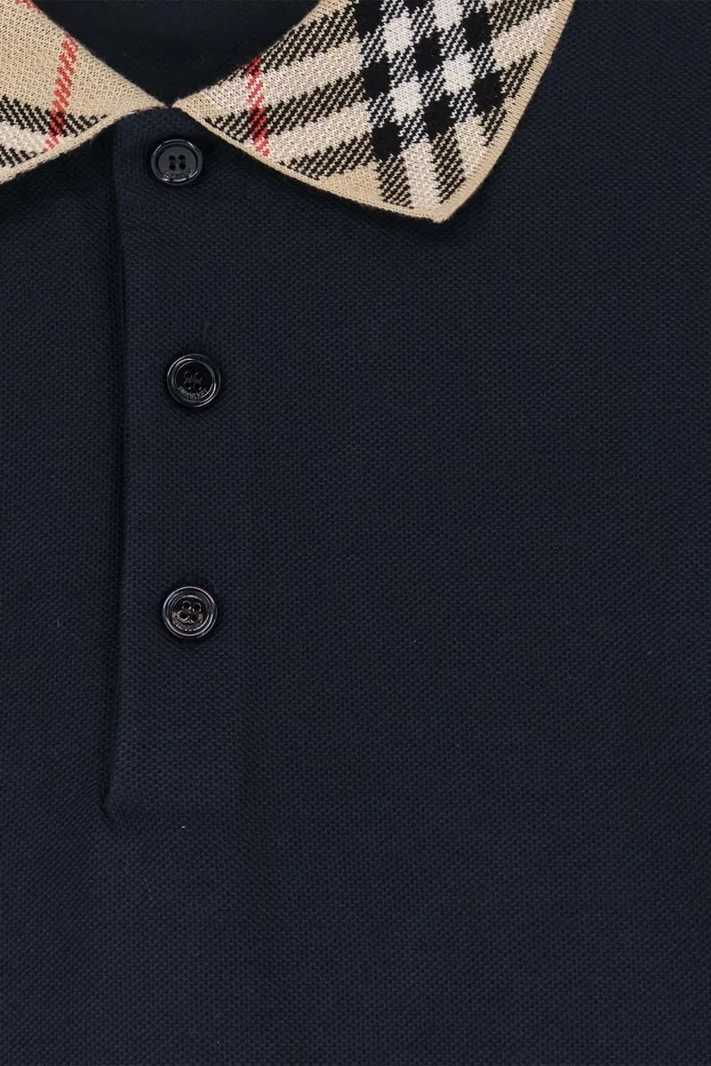 BURBERRY Men Check Collar Polo Shirt in Navy Cotton 2