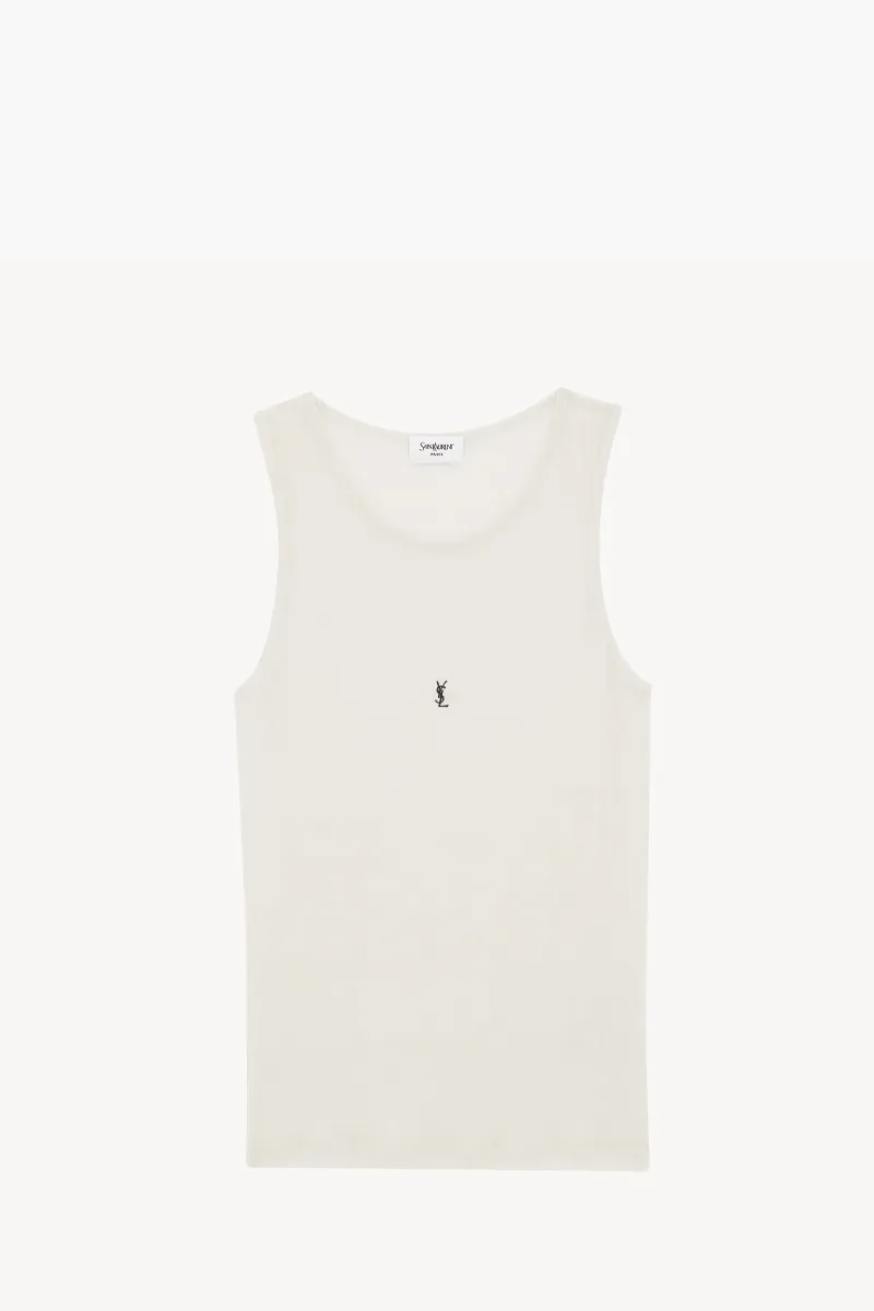 SAINT LAURENT Cassandre Embroidered Tank Top in Natural/Black Cotton 0