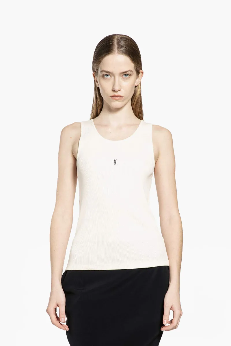 SAINT LAURENT Cassandre Embroidered Tank Top in Natural/Black Cotton 2