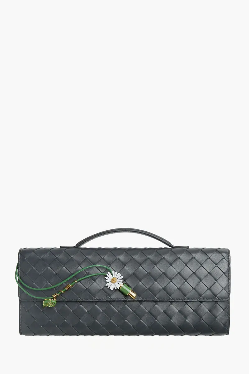 BOTTEGA VENETA Andiamo Enamelled Daisy Flower Closure Intrecciato Long Clutch in Ardoise with Handle 0