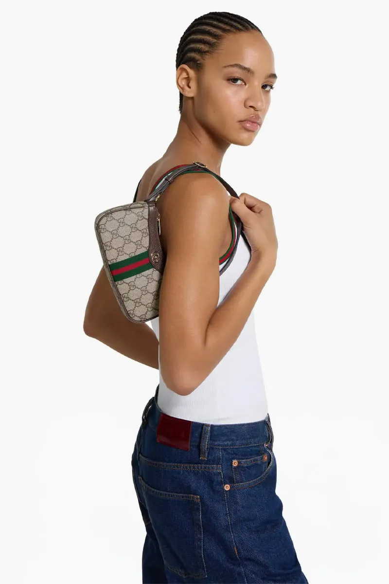 GUCCI Mini GG Ophidia Shoulder Bag in Beige/Dark Brown GG Monogram Coated Fabric 3
