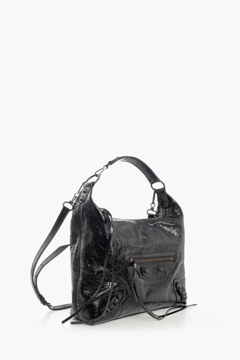 BALENCIAGA Le City Small Hobo Shoulder Bag in Black Arena Lambskin Brass Hardware 1