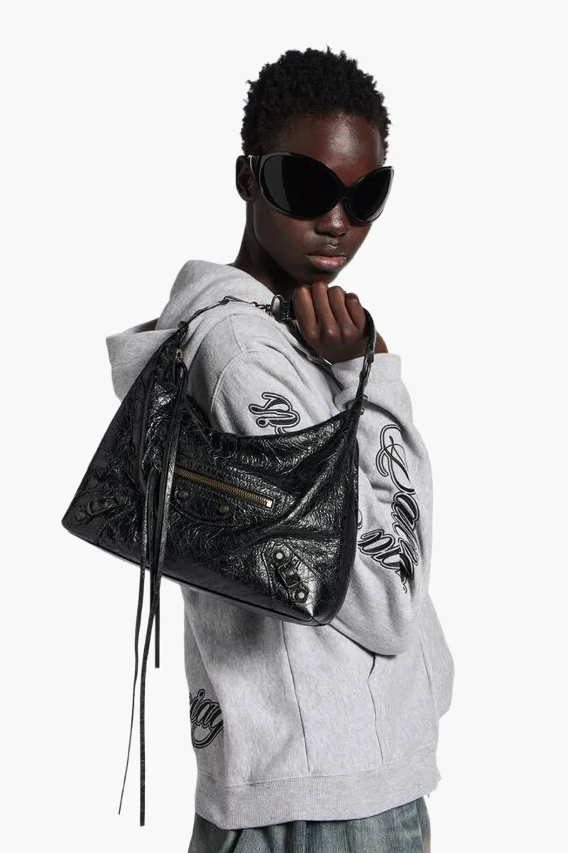 BALENCIAGA Le City Small Hobo Shoulder Bag in Black Arena Lambskin Brass Hardware 3