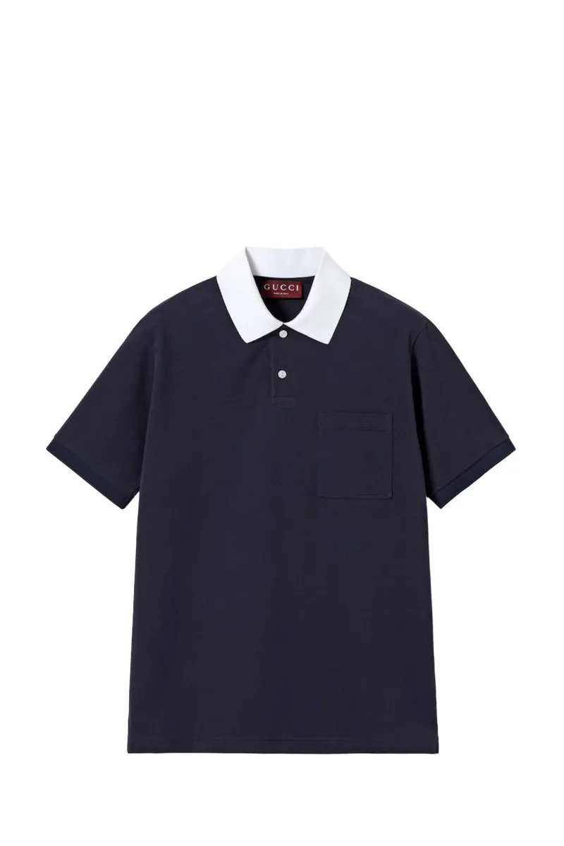 GUCCI Men Stretch Polo Shirt in  Blue Cotton Pique with Web Trim on Internal Pocket 0
