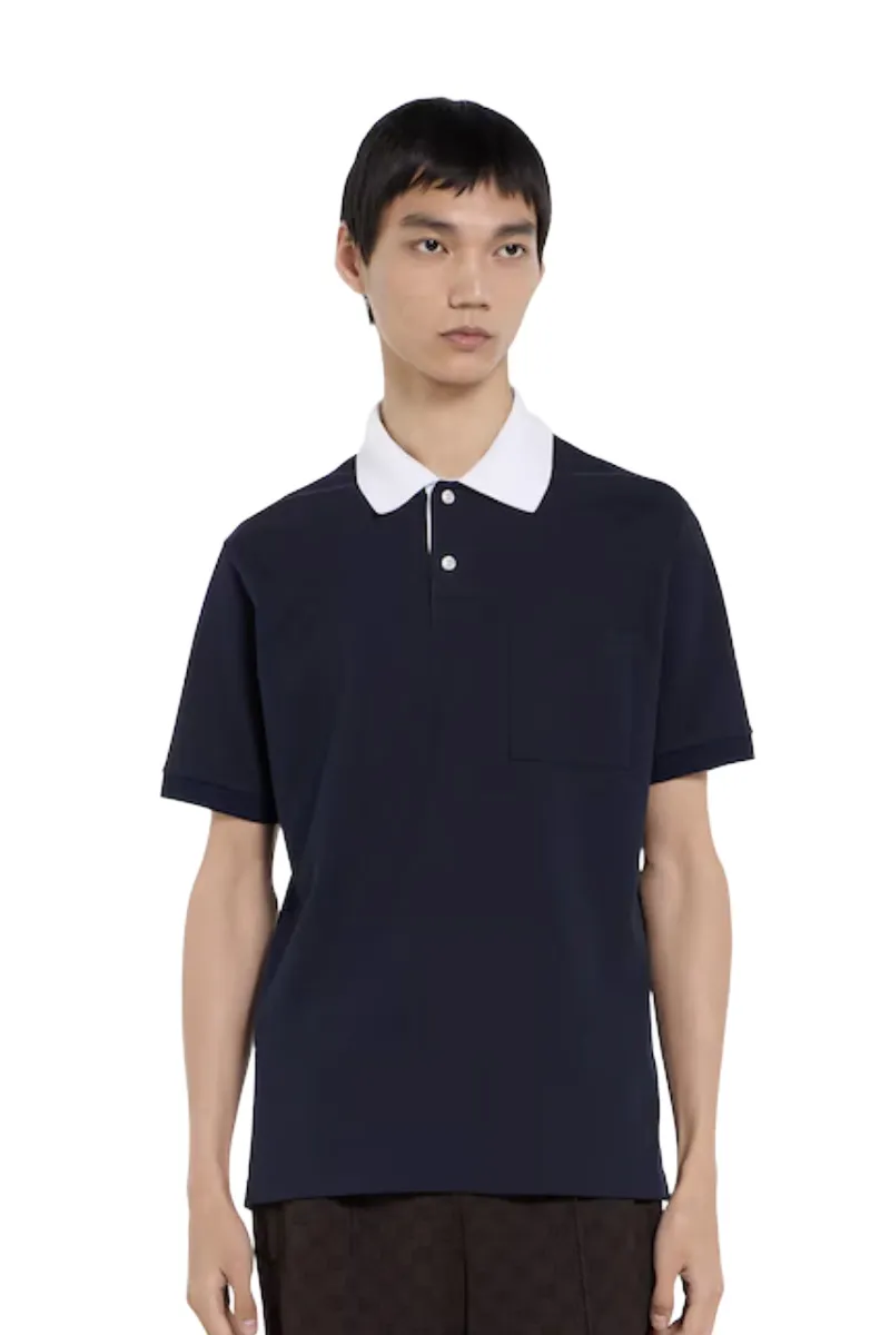 GUCCI Men Stretch Polo Shirt in  Blue Cotton Pique with Web Trim on Internal Pocket 1
