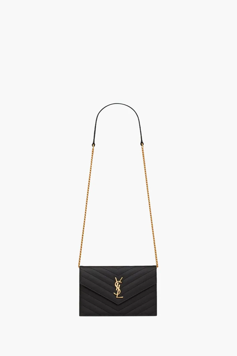 SAINT LAURENT Cassandre Envelope Wallet On Chain 19cm in Black Caviar Leather GHW 0