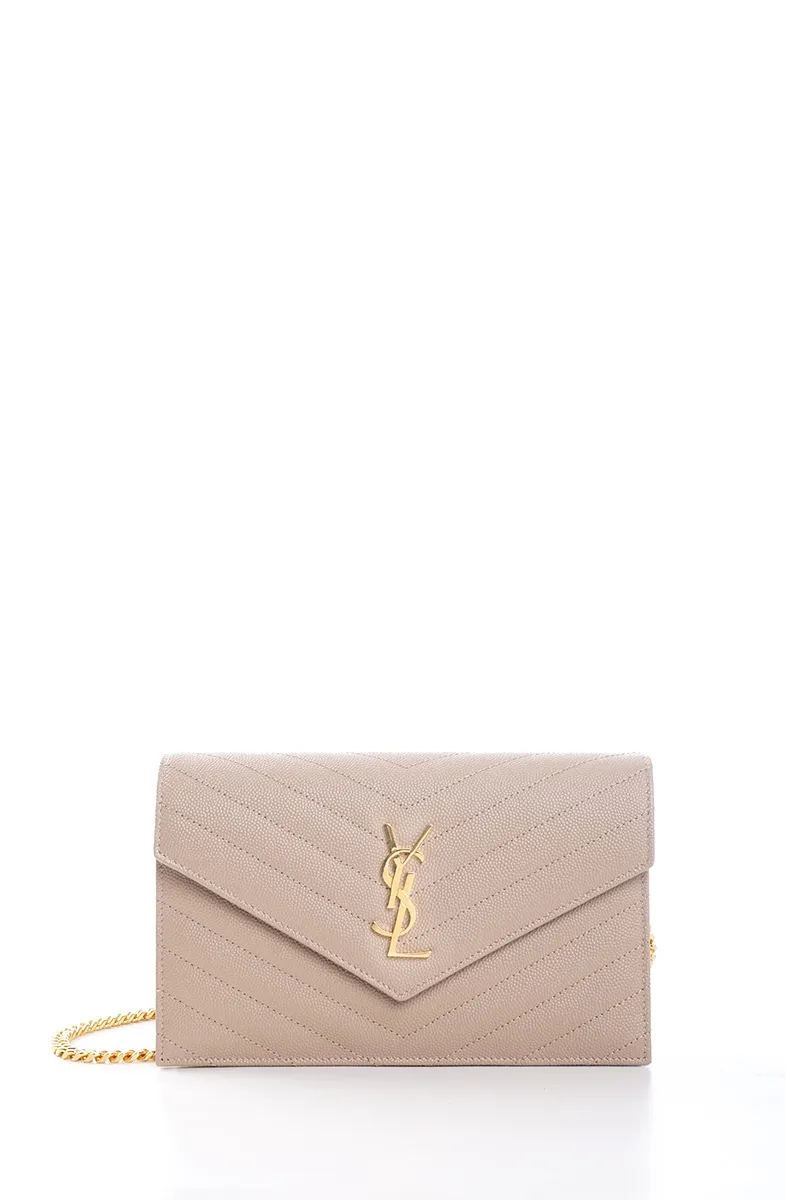SAINT LAURENT Cassandre Envelope Wallet On Chain 19cm in Dark Beige Caviar Leather GHW 0