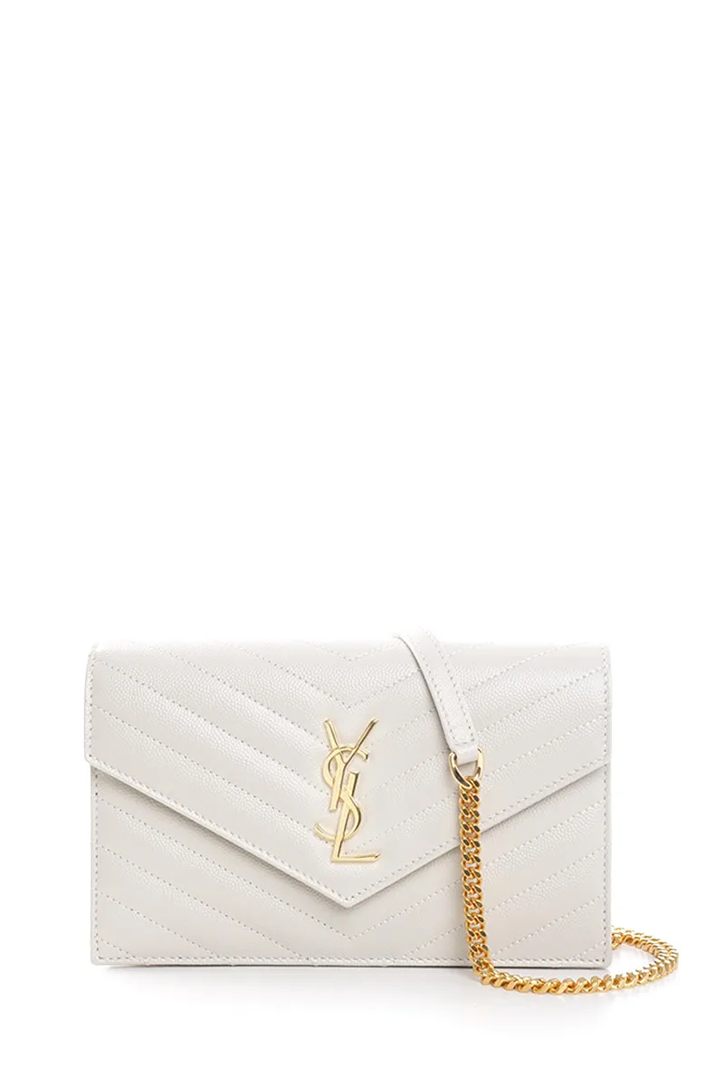 SAINT LAURENT Cassandre Envelope Wallet On Chain 19cm in White Caviar Leather GHW 0