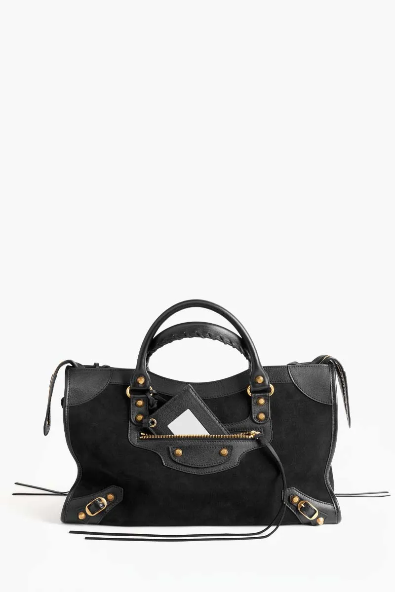 BALENCIAGA Medium Le City Bag in Black Suede And Smooth Clafskin GHW 0