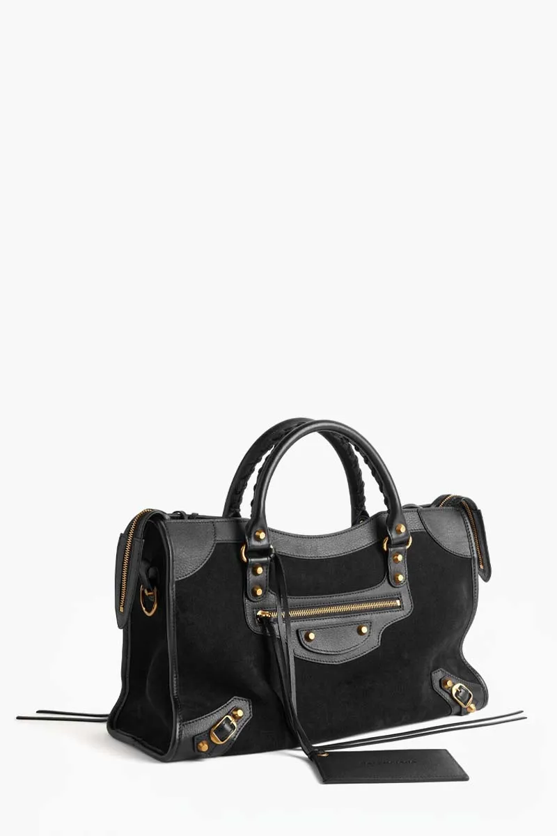 BALENCIAGA Medium Le City Bag in Black Suede And Smooth Clafskin GHW 1