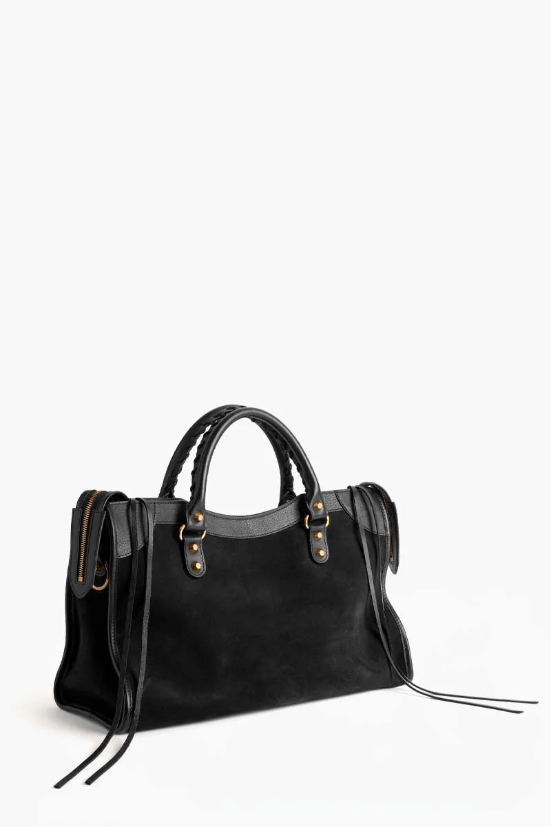 BALENCIAGA Medium Le City Bag in Black Suede And Smooth Clafskin GHW 2