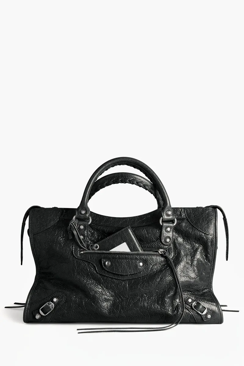 BALENCIAGA Medium Le City Bag in Black Arena Lambskin Shiny SHW 0