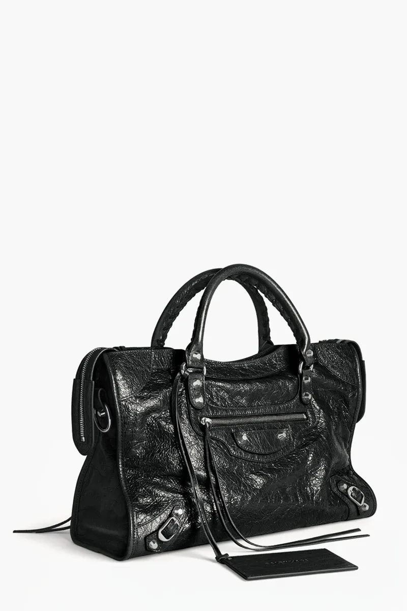 BALENCIAGA Medium Le City Bag in Black Arena Lambskin Shiny SHW 1