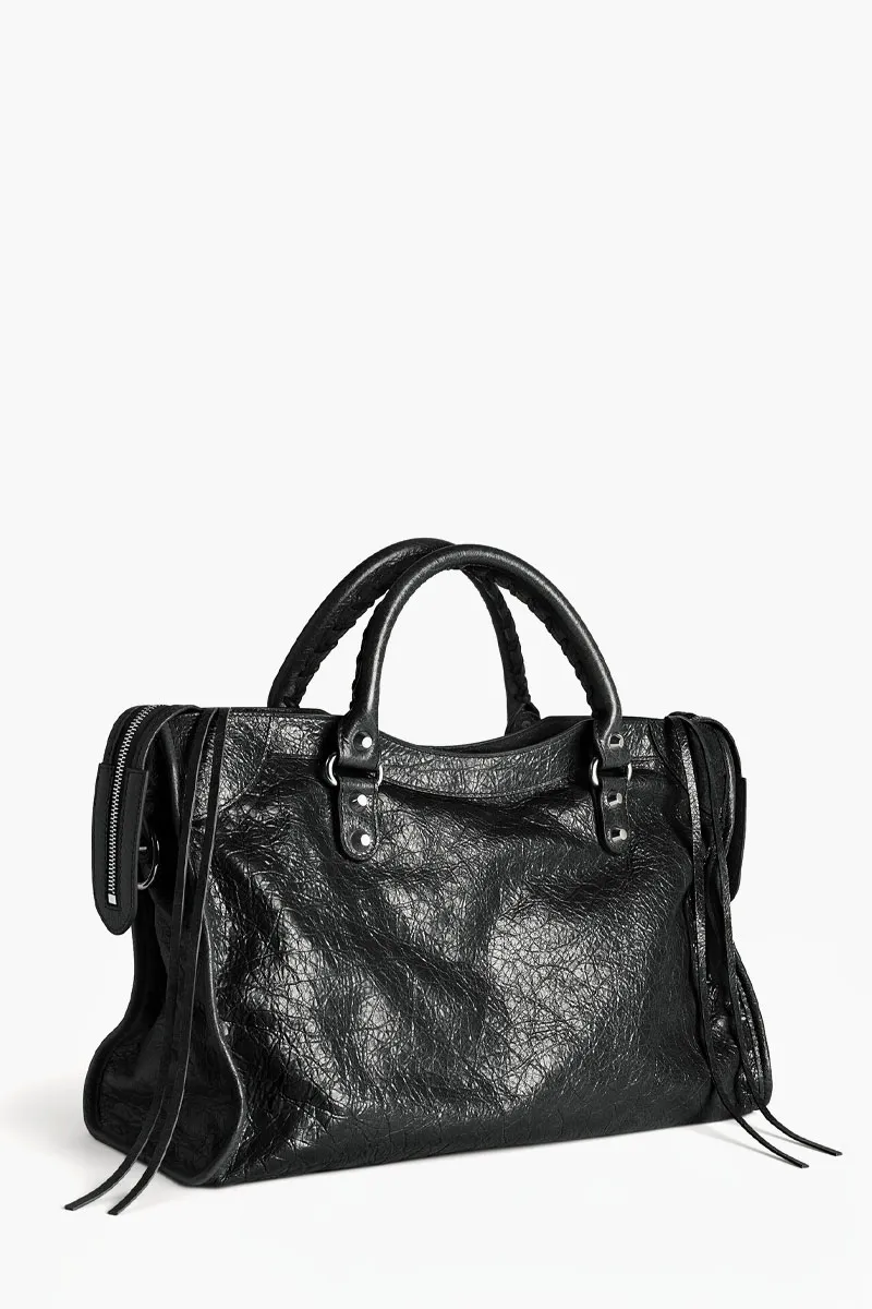 BALENCIAGA Medium Le City Bag in Black Arena Lambskin Shiny SHW 2