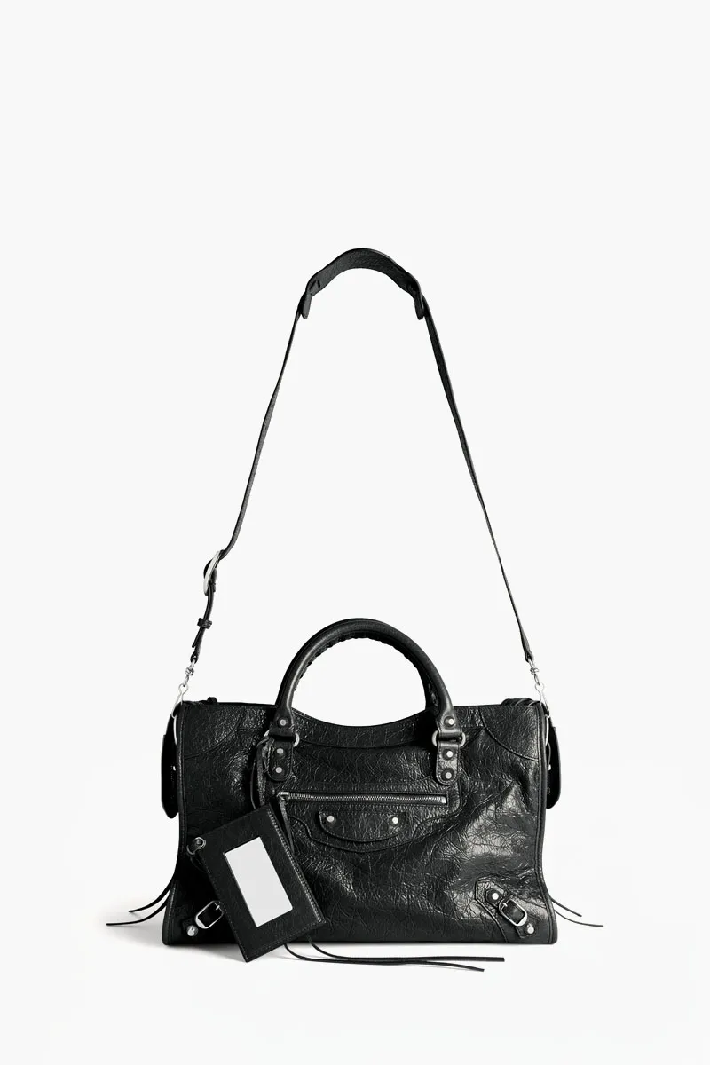 BALENCIAGA Medium Le City Bag in Black Arena Lambskin Shiny SHW 3