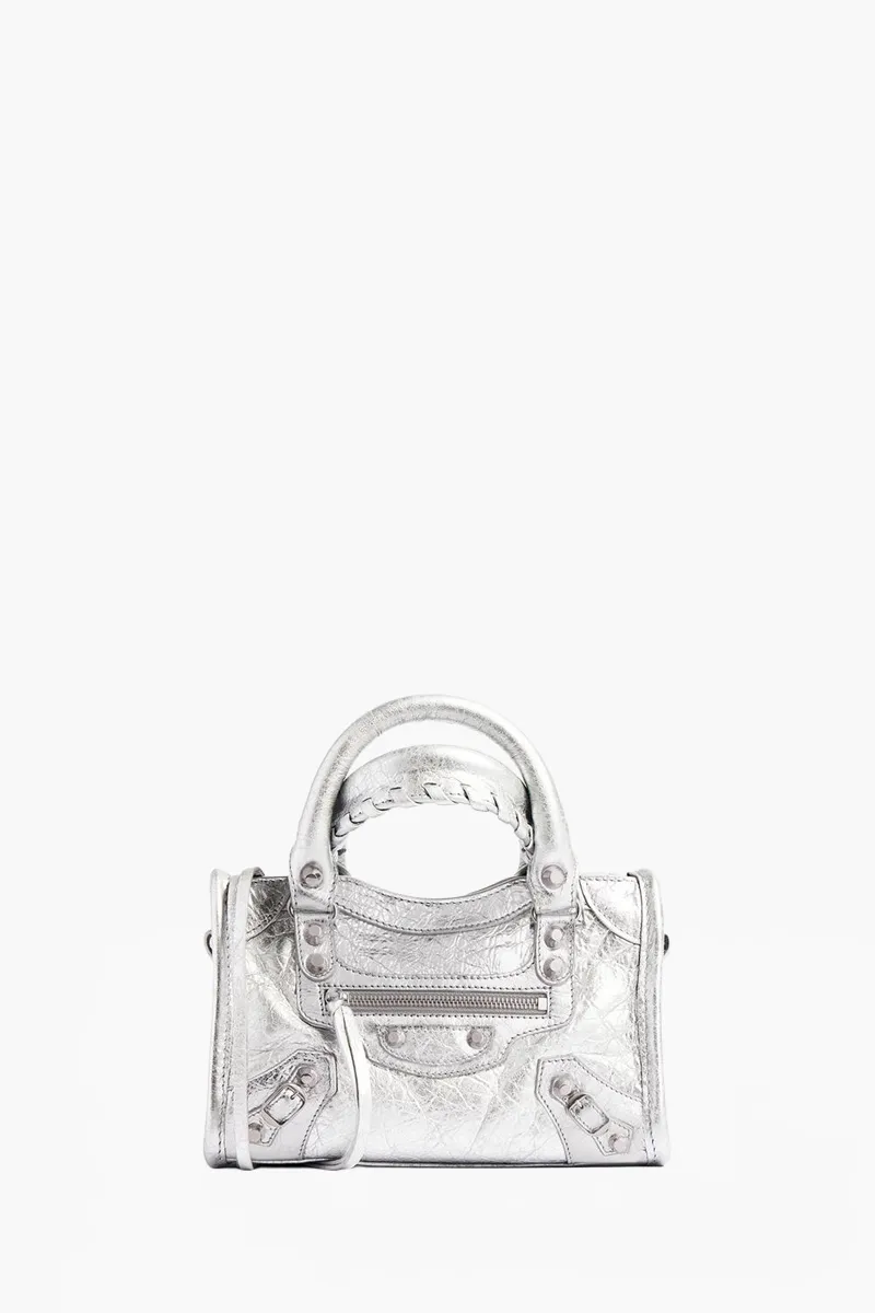 BALENCIAGA Nano Le City Shoulder Bag in Silver Arena Lambskin SHW 0