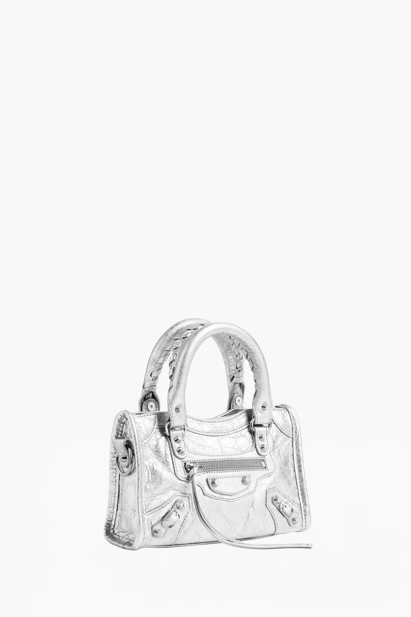 BALENCIAGA Nano Le City Shoulder Bag in Silver Arena Lambskin SHW 1