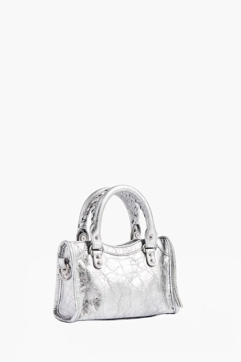 BALENCIAGA Nano Le City Shoulder Bag in Silver Arena Lambskin SHW 2