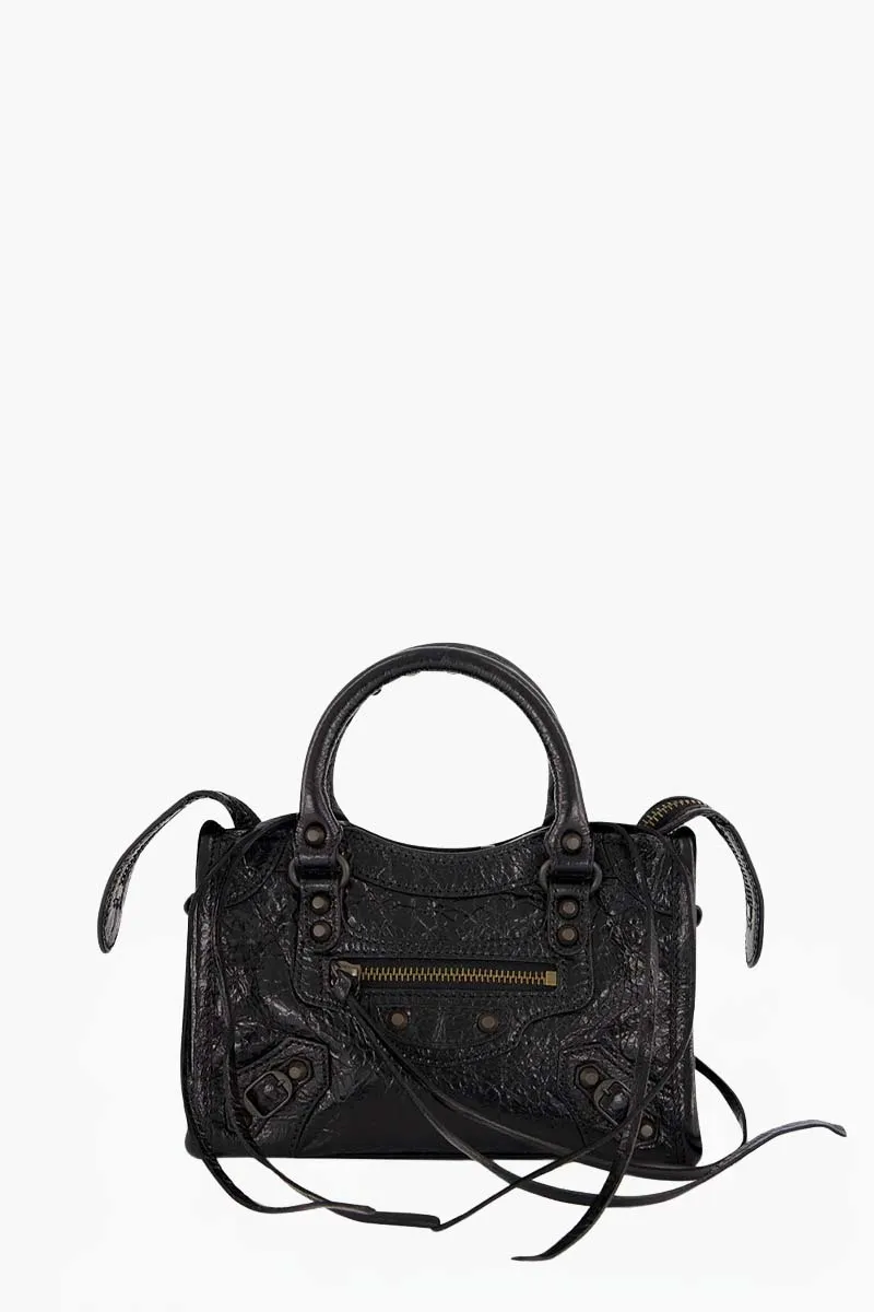 BALENCIAGA Nano Le City Shoulder Bag in Black Arena Lambskin BHW 0