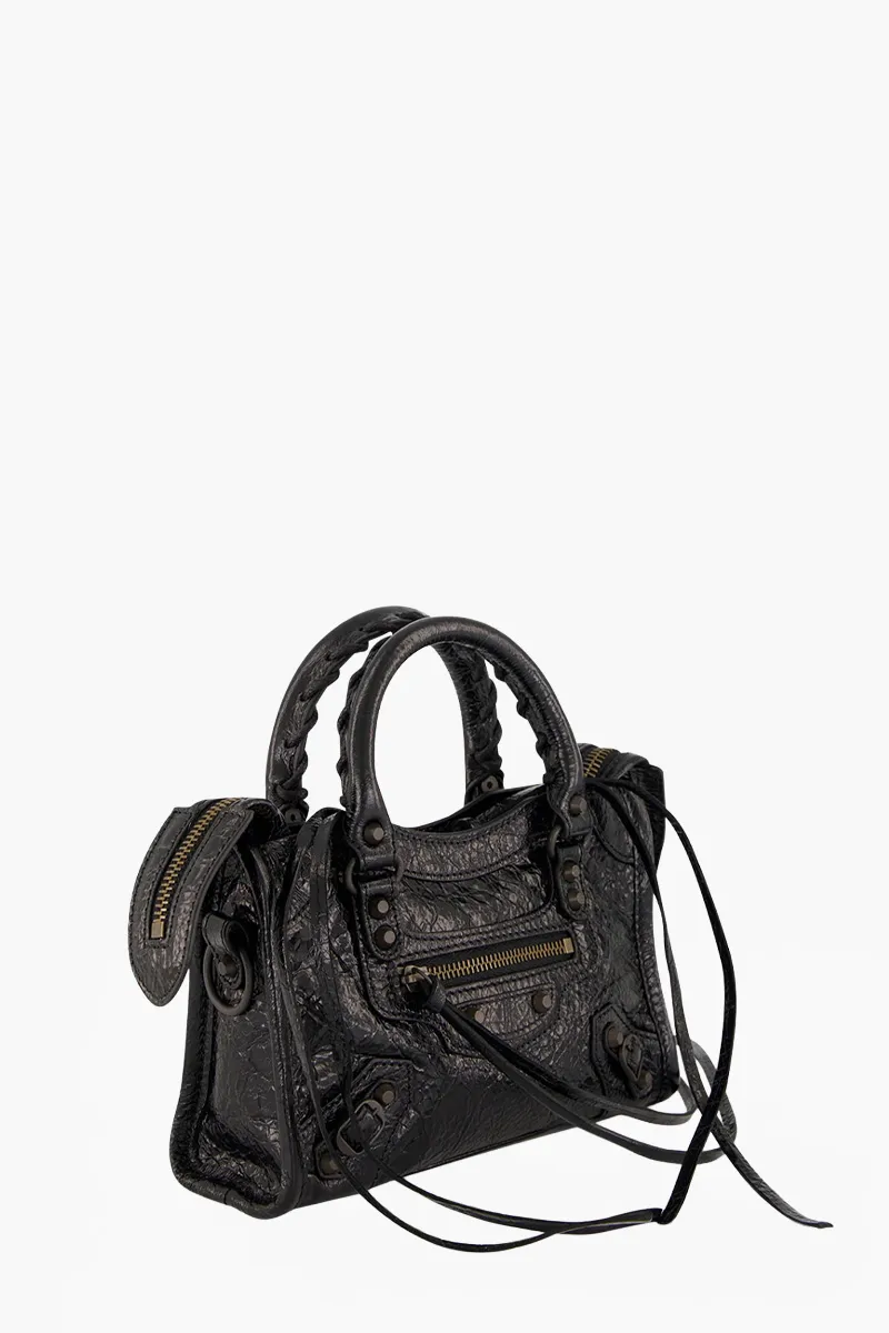 BALENCIAGA Nano Le City Shoulder Bag in Black Arena Lambskin BHW 2