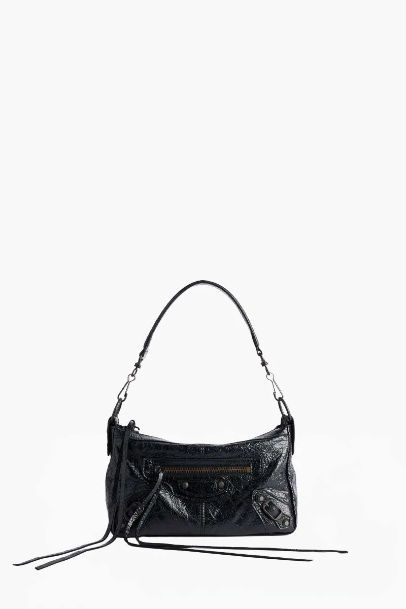BALENCIAGA Mini Le City Moto Shoulder Bag in Black Arena Lambskin RHW 0