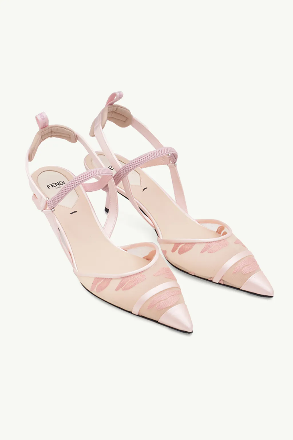 FENDI Women Colibri Lite Slingback Pumps 55mm in Pale Pink Micro Mesh x Satin with Tulle Embroidery 1