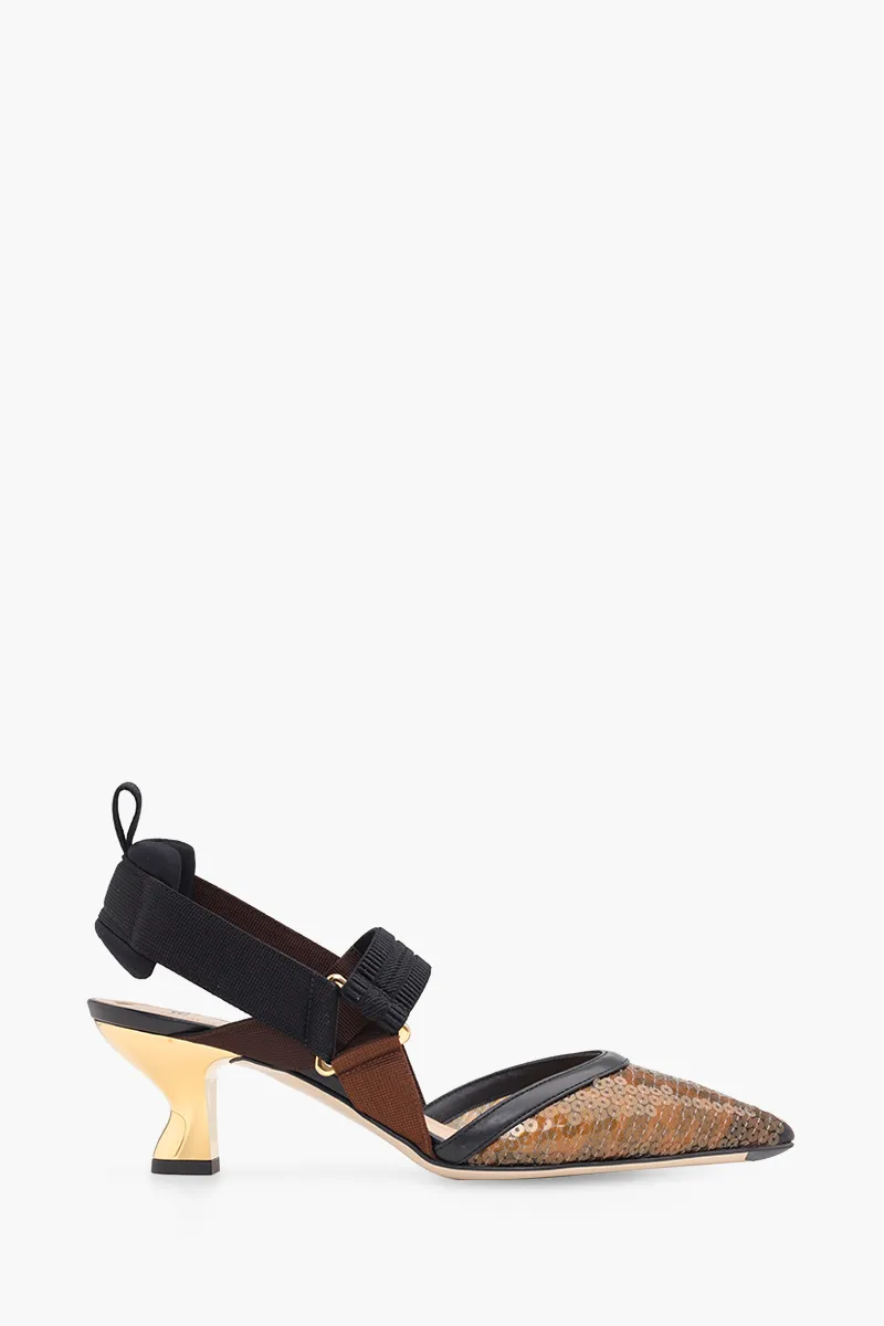 FENDI Colibri Slingback Pumps 55mm in Black/Amber Micromesh FF Motif with Sequin Embroidery 0