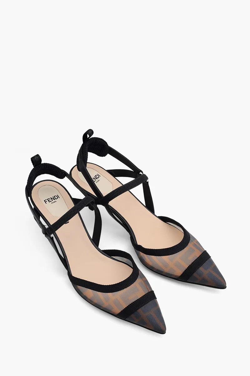 FENDI Women Colibri Lite Mesh Slingbacks Pumps 55mm in Black/Brown FF Logo Pattern 1