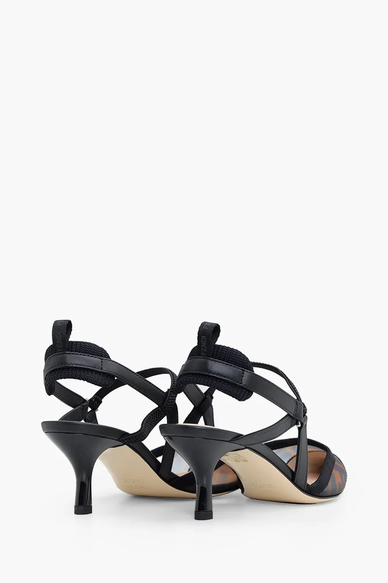 FENDI Women Colibri Lite Mesh Slingbacks Pumps 55mm in Black/Brown FF Logo Pattern 2