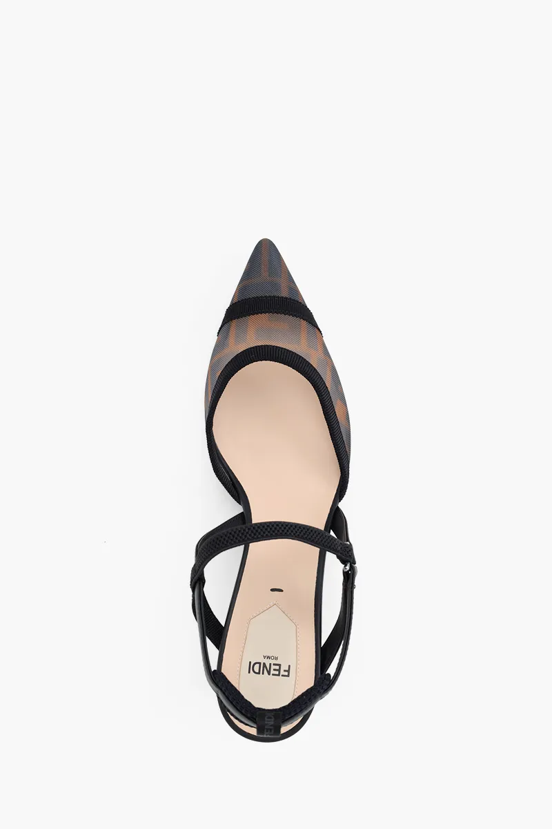 FENDI Women Colibri Lite Mesh Slingbacks Pumps 55mm in Black/Brown FF Logo Pattern 3