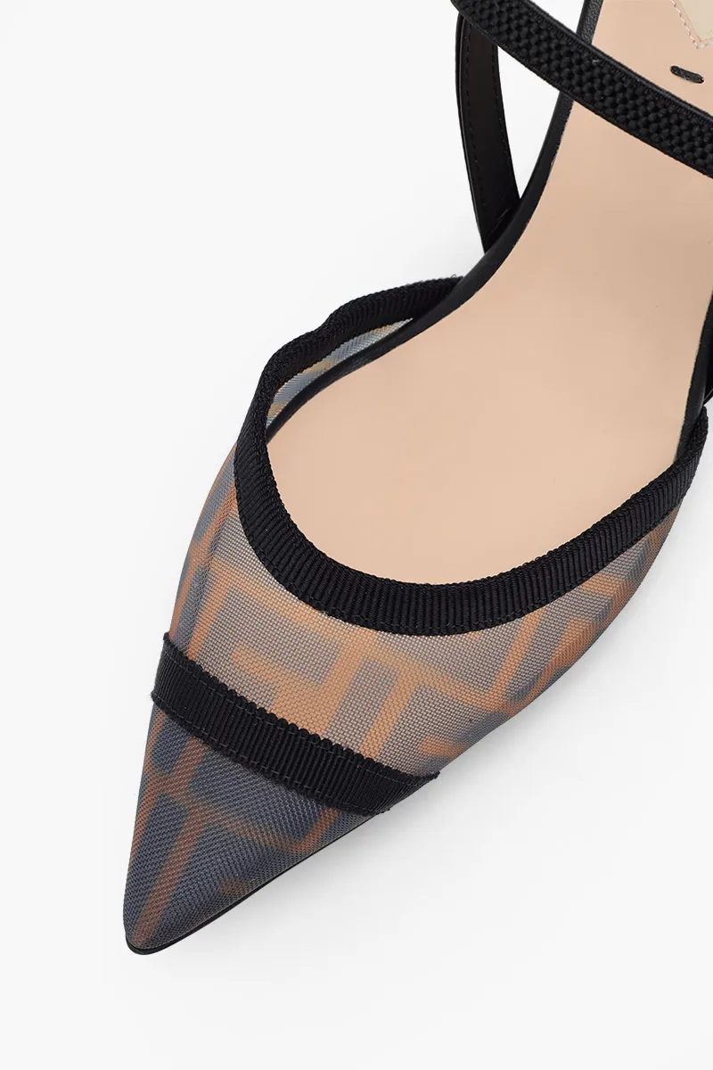 FENDI Women Colibri Lite Mesh Slingbacks Pumps 55mm in Black/Brown FF Logo Pattern 4