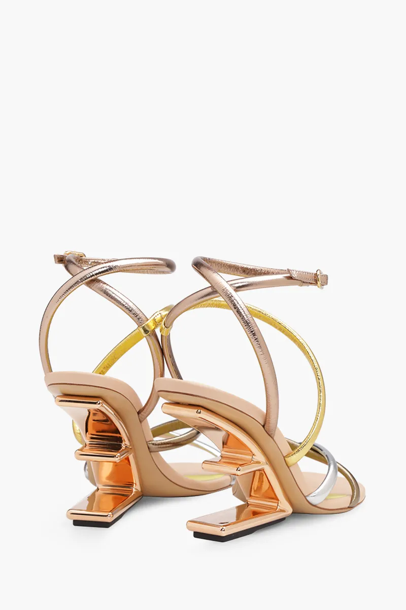 FENDI Women First Open Toe Strappy Sandals 90mm in Gold Multicolor 2